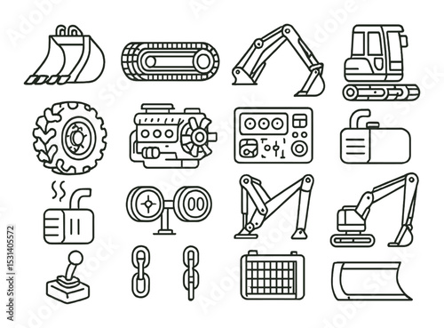 Construction vehicle set. heavy machinery linear excavator, bulldozer, tractor vector icons