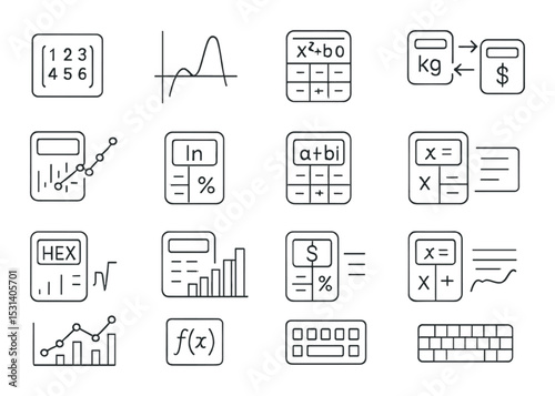 Math tools set. calculators, graphs, equations, formulas, linear style vector icons.