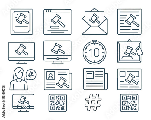 Judicial icon set. legal linear icons: gavel, document, email, computer, profile vector icons.
