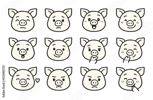 Pig emotions set. farm animal linear piglet faces: happy, sad, angry, curious vector icons.