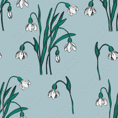 Seamless pattern with snowdrops flower with leaves. Floral hand drawn art ornament. Nature backdround Vector illustration for print, fabric, textile, banner, other design.