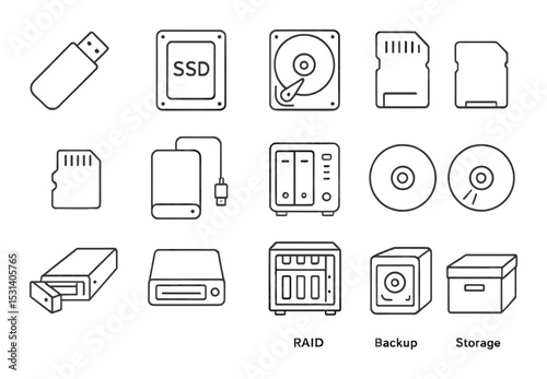 Data storage device set. linear hard drive, ssd, usb, raid, backup, storage vector icons.