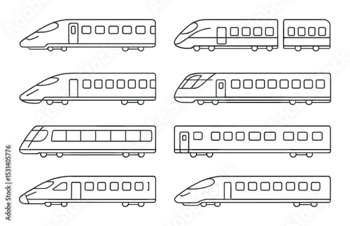 Train set. transportation vehicles silhouette trains, tram, metro, locomotive, wagon vector icons