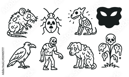 Spooky animal skull set. halloween silhouette icons: rat, bug, dog, mask, crow, zombie, plant vector icons.