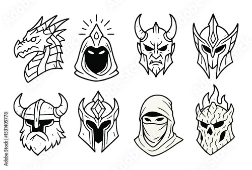 Warrior helmet set. medieval combat silhouette dragon, viking, knight vector icons.
