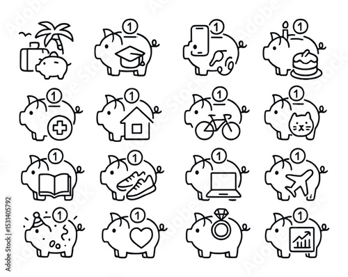 Piggy bank icon set. finance silhouette icons: palm, diploma, phone, cake, healthcare, house, bike, cat, book, bread, laptop, plane, party, heart, ring, chart vector icons.
