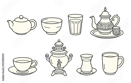 Tea drinkware set. beverage silhouette kettle, cup, glass, teapot, samovar vector icons.