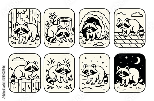 Raccoon set. wildlife creatures silhouette raccoons, forest, night, animal vector icons.