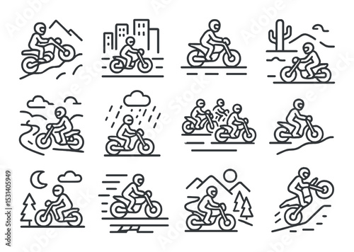 Motorbike adventure set. linear motorcycle, off-road, urban, rain, night, desert vector icons