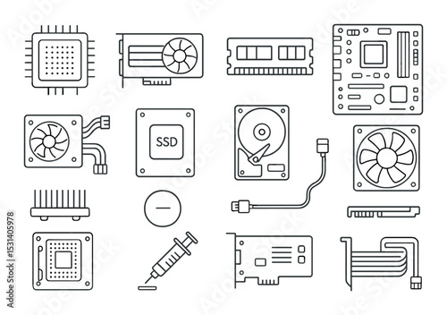 Computer component set. electronic hardware linear icons. cpu, gpu, ssd, ram, fan, motherboard, syringe vector icons.