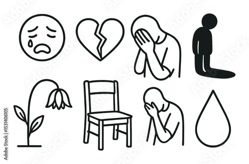 Emotion icon set: sadness and grief linear symbols. crying, heartbreak, tear, chair vector icons.
