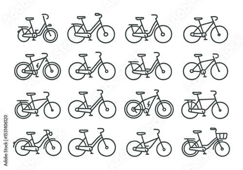 Bicycle set. transportation vehicles linear style. bikes, cycling, travel, sport vector icons.