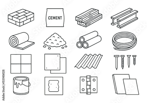 Building material set. construction linear icons. cement, bricks, lumber, nails vector icons.