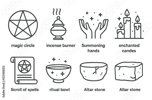 Witchcraft symbols set. mystical linear icons: magic, incense, candles, spells, ritual vector icons.