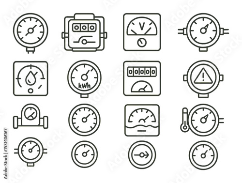 Gauge meter set. measurement silhouette dials. pressure, speed, temperature vector icons