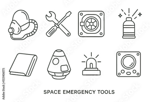 Space emergency tool set. linear safety gear icons: helmet, wrench, safe, capsule vector icons.