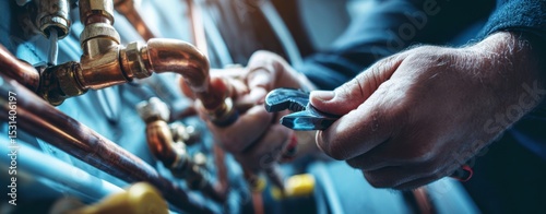 The plumber working on copper pipes with adjustable pliers in a service environment.