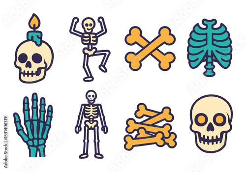 Skeleton icon set. skull, bones, ribcage, candle skeleton, silhouette vector icons.