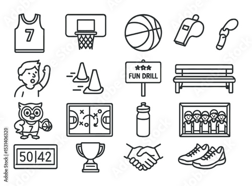 Basketball equipment set. sports linear icons. ball, hoop, whistle, trophy, jersey vector icons.