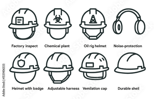 Safety helmet set. industrial protection silhouette helmets. factory, chemical, oil, noise vector icons.