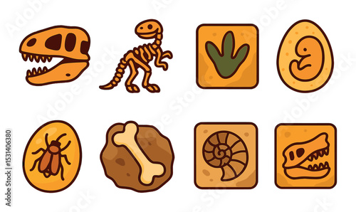 Dinosaur fossil set. prehistoric, bone, egg, fossil, skeleton, footprint, amber flat vector icons