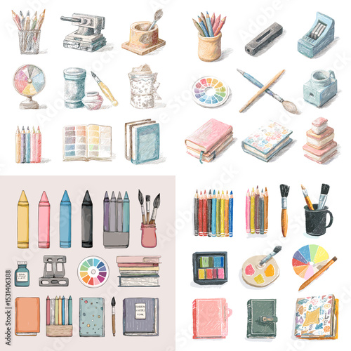 Watercolor illustrations of pencils, palettes, notebooks, paints, brushes, and stationery tools for creative, art school, or journaling design projects.

