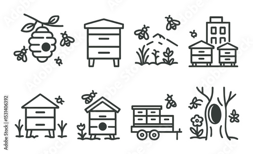 Beekeeping set. honeycomb, hive, bee, swarm, apiary, honey, tree silhouette vector icons.