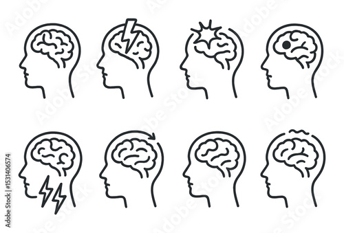 Brain activity set. mental health silhouette icons. idea, stress, creativity, meditation vector icons