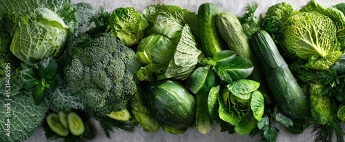 The vibrant assortment of fresh green vegetables on a textured backdrop.