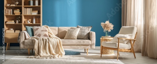 The modern living room featuring a stylish beige couch and blue wall.