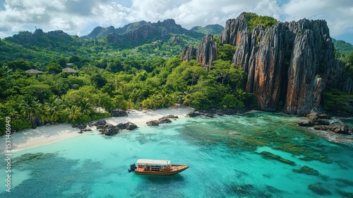 A serene tropical landscape with a boat near rocky cliffs.