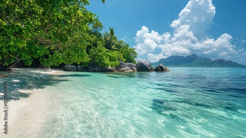 Serene beach view with turquoise waters and lush greenery.