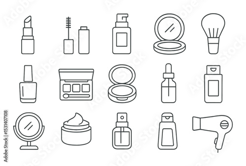 Cosmetic set. beauty products silhouette. lipstick, mascara, cream, perfume, mirror vector icons.