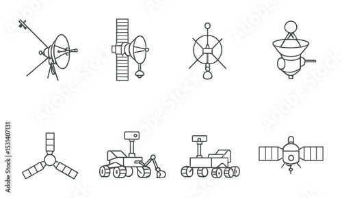 Space exploration set. satellite, rover, antenna, probe, spacecraft silhouette vector icons