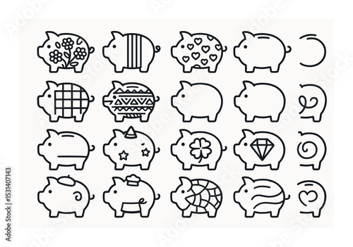 Piggy bank set. money-saving linear icons. pig, flower, heart, diamond, spiral vector icons.