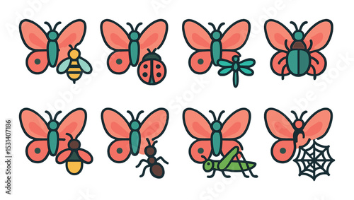 Insect icon set. natural entomology flat icons: butterfly, bee, ladybug, ant, dragonfly vector icons.