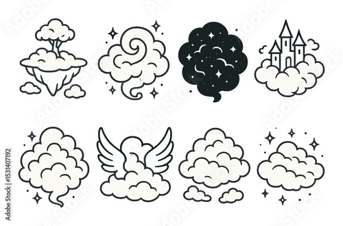Cloud set. sky and dream flat icons. cloud, castle, wing, tree, swirl, vector icons.