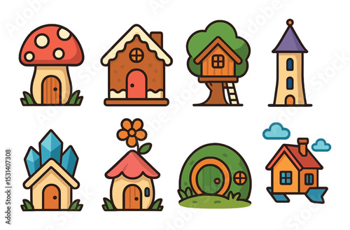 Fairy tale house set. enchanted home flat icons. mushroom, gingerbread, tree, crystal vector icons