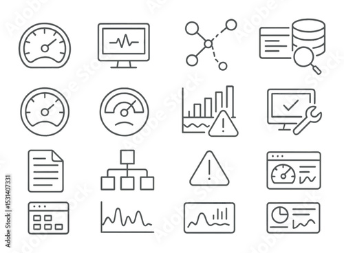 Data analytics dashboard set: linear metrics, graph, monitor, chart, gauge vector icons