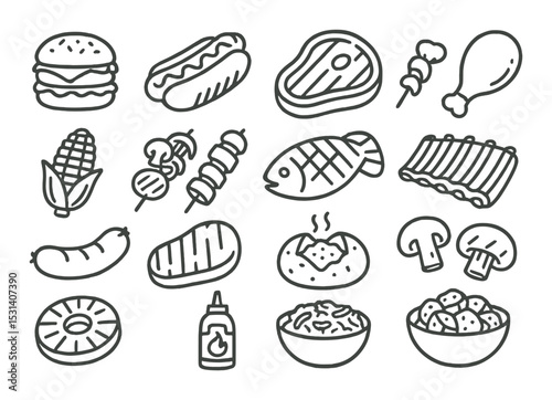Barbecue food set. grill and picnic silhouette icons: burger, chicken, fish, kebab, corn vector icons.
