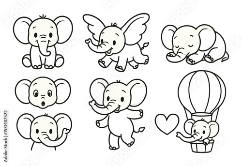 Elephant set. baby animal silhouette drawings. playful, sleeping, flying, heart vector icons.