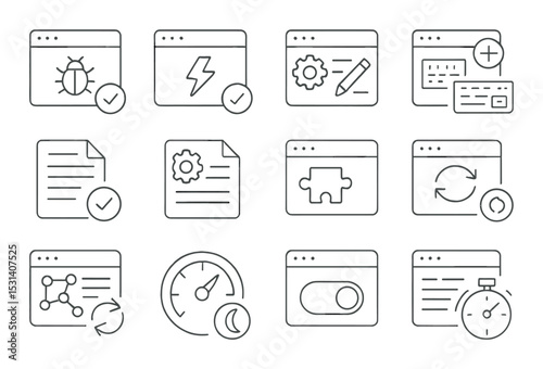 Web interface icon set. linear design webpage, bug, settings, speed, timer vector icons.