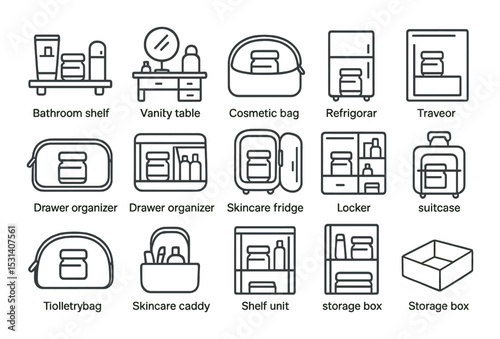 Storage set: home organization linear icons. bathroom, vanity, fridge, drawer, suitcase vector icons.