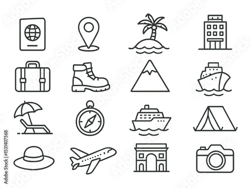 Travel icon set. vacation, adventure, hotel, beach, plane, camera, camp linear vector icons.