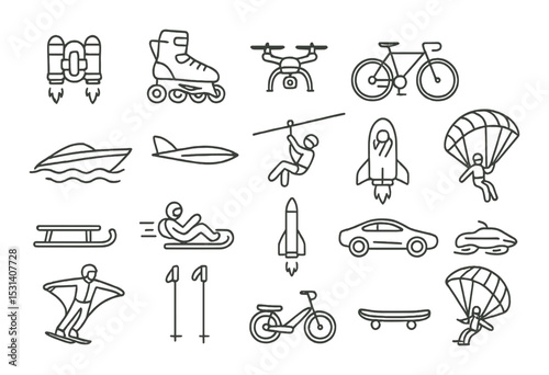Adventure activity set: sports, flying, paragliding, skydiving linear vector icons