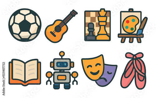 Art and sports set. modern flat icons: soccer, guitar, chess, art, book, robot, theater vector icons.