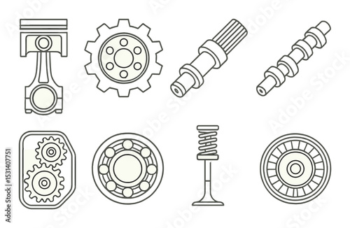 Engine parts set. mechanical components silhouette. piston, gear, camshaft, spring vector icons.