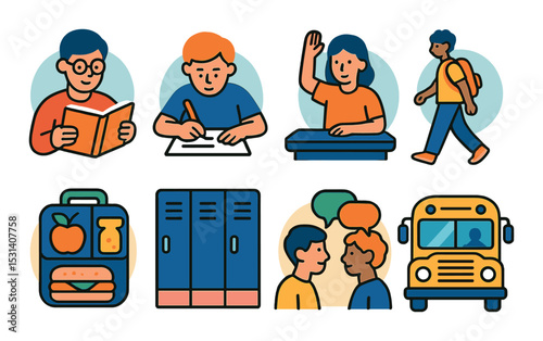 School set: education silhouette icons. student, book, backpack, bus, locker, lunch vector icons.
