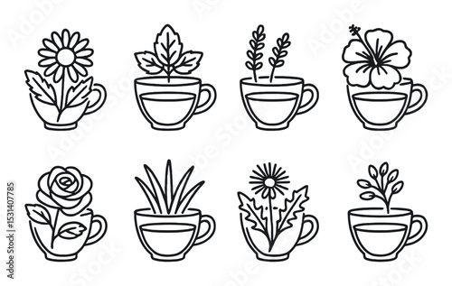 Tea cup set. floral beverage silhouette icons. hibiscus, rose, chamomile, mint, vector icons.