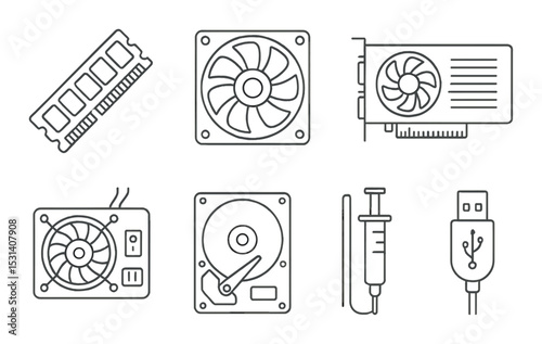 Hardware component set. computer parts silhouette ram, fan, gpu, hdd, syringe, usb vector icons.